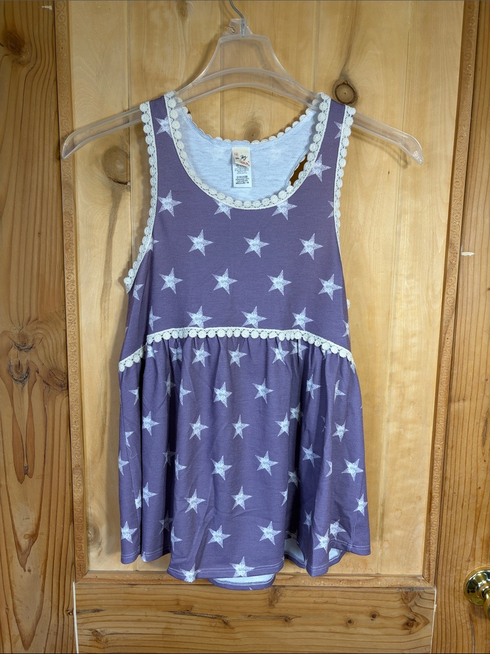 7th Ray Lavender with White Stars Tank Top with Cream Lace Trim